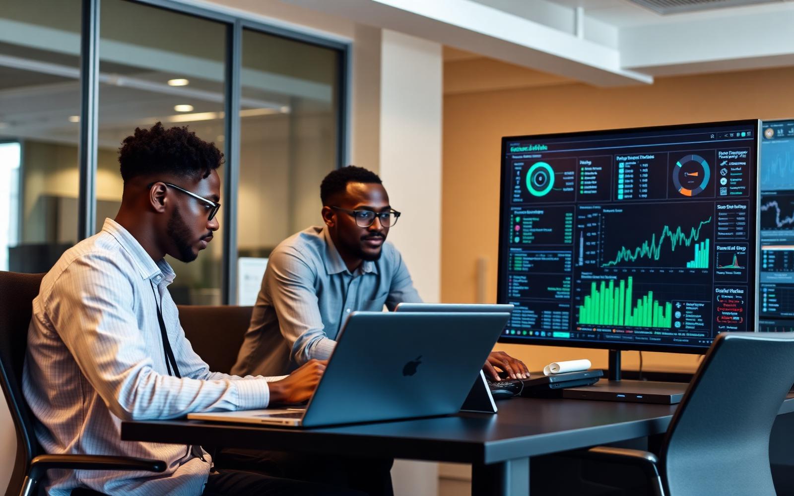 Nigerian engineers collaborating on a data dashboard
